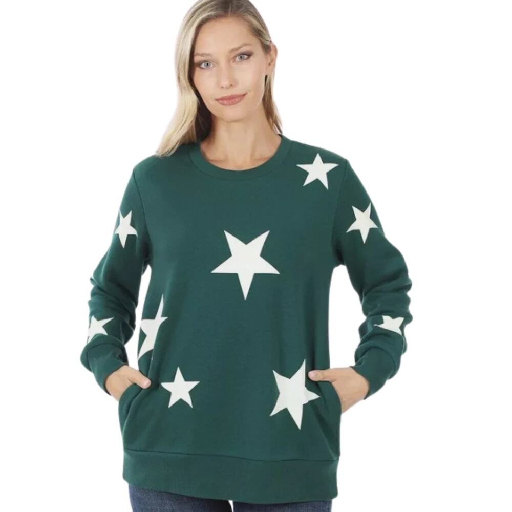 Zenana Women's Oversized Green Sweater w/ White Stars Crew Neck Large